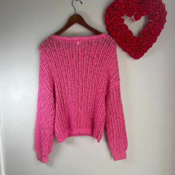 August Sky Anthro Womens Open Stitch Crewneck Sweater Small in Pink NWOT - Picture 4 of 9